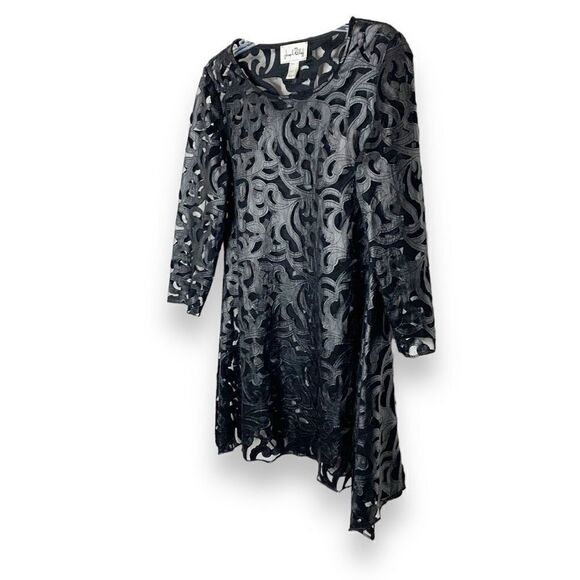Joseph Ribkoff Vintage Mesh Faux Leather Appliqué Black Mini Swing Dress Size 8 - Picture 4 of 11
